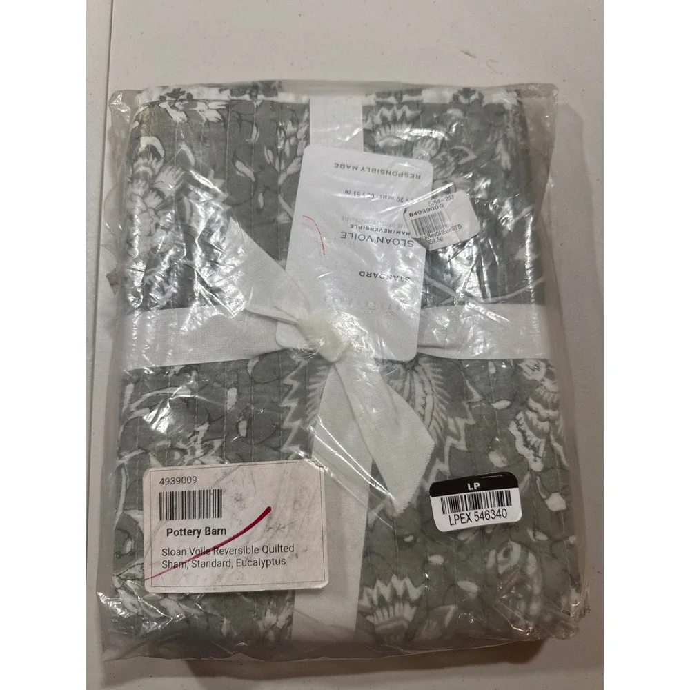 Pottery Barn Sloan Voile Reversible Quilted Sham Standard Eucalyptus Green White
